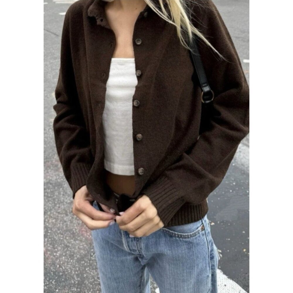 Brandy Melville Amalie Wool Brown Cardigan Button Down Minimalist Preppy Italy